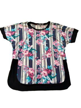 NY Collections Square Bottom Floral Striped Blouse-Black-Size Small-GUC